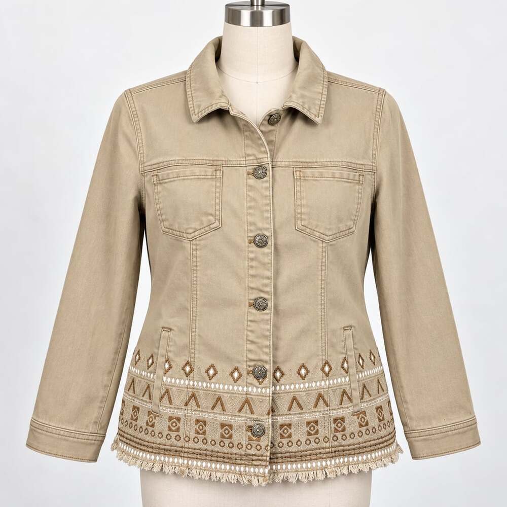 Chico’s Jacket Size 1 (8/10) Tan Embroidered Boho Southwestern Fringe Stretch